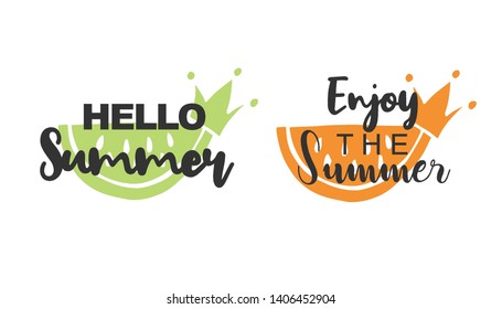 Vector Illustration of Summer Typography Hello Summer with Watermelon Fruit Icons. Set or Collection Flat Line and Silhouette of Sign, Symbol, or Objects for Graphic Design.