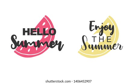 Vector Illustration of Summer Typography Hello Summer with Watermelon Fruit Icons. Set or Collection Flat Line and Silhouette of Sign, Symbol, or Objects for Graphic Design.
