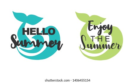 Vector Illustration of Summer Typography Hello Summer with Whale Tail Icons. Set or Collection Flat Line and Silhouette of Sign, Symbol, or Objects for Graphic Design.