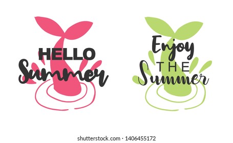 Vector Illustration of Summer Typography Hello Summer with Whale Tail Icons. Set or Collection Flat Line and Silhouette of Sign, Symbol, or Objects for Graphic Design.
