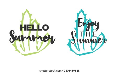 Vector Illustration of Summer Typography Hello Summer with Cactus Plant Icons. Set or Collection Flat Line and Silhouette of Sign, Symbol, or Objects for Graphic Design.