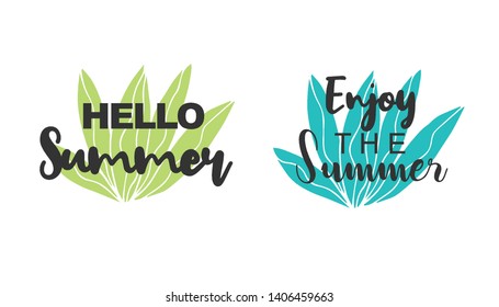 Vector Illustration of Summer Typography Hello Summer with Cactus Plant Icons. Set or Collection Flat Line and Silhouette of Sign, Symbol, or Objects for Graphic Design.