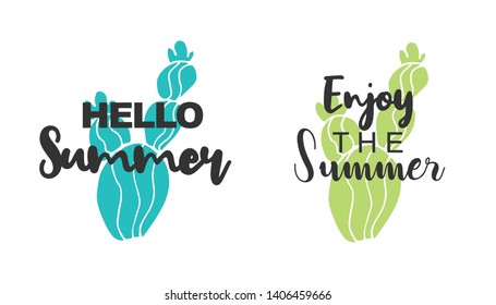 Vector Illustration of Summer Typography Hello Summer with Cactus Plant Icons. Set or Collection Flat Line and Silhouette of Sign, Symbol, or Objects for Graphic Design.