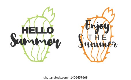 Vector Illustration of Summer Typography Hello Summer with Cactus Plant Icons. Set or Collection Flat Line and Silhouette of Sign, Symbol, or Objects for Graphic Design.