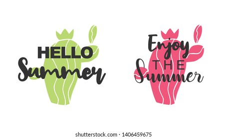 Vector Illustration of Summer Typography Hello Summer with Cactus Plant Icons. Set or Collection Flat Line and Silhouette of Sign, Symbol, or Objects for Graphic Design.