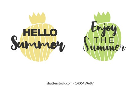 Vector Illustration of Summer Typography Hello Summer with Cactus Plant Icons. Set or Collection Flat Line and Silhouette of Sign, Symbol, or Objects for Graphic Design.