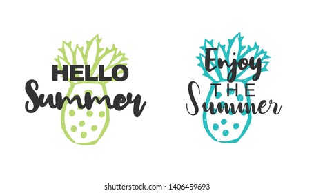 Vector Illustration of Summer Typography Hello Summer with Cactus Plant Icons. Set or Collection Flat Line and Silhouette of Sign, Symbol, or Objects for Graphic Design.