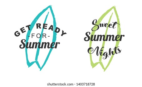 Vector Illustration of Summer Typography or Text with Surfboard Icons. Set or Collection Flat Line and Silhouette of Sign, Symbol, or Objects for Graphic Design.