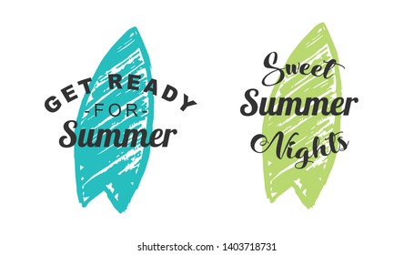 Vector Illustration of Summer Typography or Text with Surfboard Icons. Set or Collection Flat Line and Silhouette of Sign, Symbol, or Objects for Graphic Design.