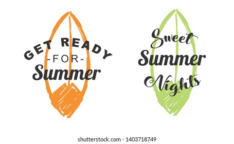 Vector Illustration of Summer Typography or Text with Surfboard Icons. Set or Collection Flat Line and Silhouette of Sign, Symbol, or Objects for Graphic Design.