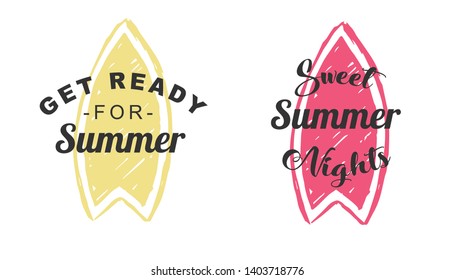 Vector Illustration of Summer Typography or Text with Surfboard Icons. Set or Collection Flat Line and Silhouette of Sign, Symbol, or Objects for Graphic Design.