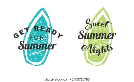 Vector Illustration of Summer Typography or Text with Surfboard Icons. Set or Collection Flat Line and Silhouette of Sign, Symbol, or Objects for Graphic Design.