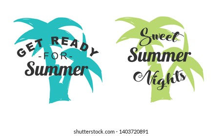 Vector Illustration of Summer Typography or Text with Palm Tree Icons. Set or Collection Flat Line and Silhouette of Sign, Symbol, or Objects for Graphic Design.