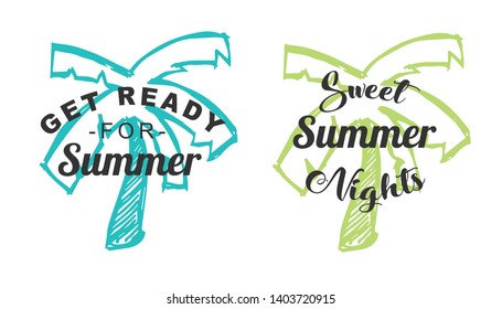 Vector Illustration of Summer Typography or Text with Palm Tree Icons. Set or Collection Flat Line and Silhouette of Sign, Symbol, or Objects for Graphic Design.
