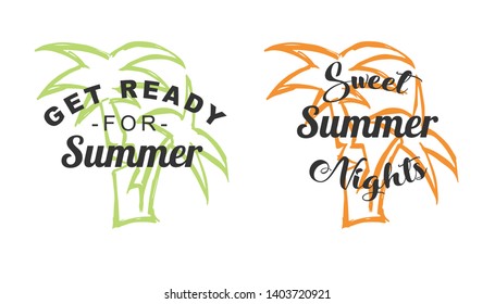 Vector Illustration of Summer Typography or Text with Palm Tree Icons. Set or Collection Flat Line and Silhouette of Sign, Symbol, or Objects for Graphic Design.