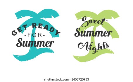 Vector Illustration of Summer Typography or Text with Palm Tree Icons. Set or Collection Flat Line and Silhouette of Sign, Symbol, or Objects for Graphic Design.