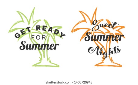 Vector Illustration of Summer Typography or Text with Palm Tree Icons. Set or Collection Flat Line and Silhouette of Sign, Symbol, or Objects for Graphic Design.