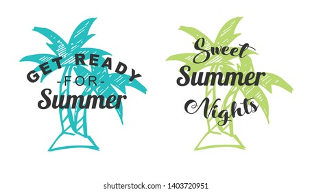 Vector Illustration of Summer Typography or Text with Palm Tree Icons. Set or Collection Flat Line and Silhouette of Sign, Symbol, or Objects for Graphic Design.