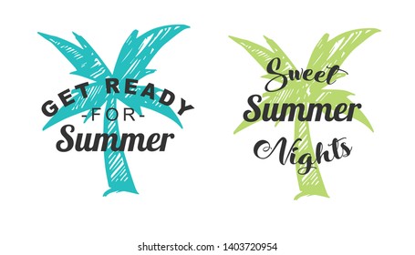 Vector Illustration of Summer Typography or Text with Palm Tree Icons. Set or Collection Flat Line and Silhouette of Sign, Symbol, or Objects for Graphic Design.