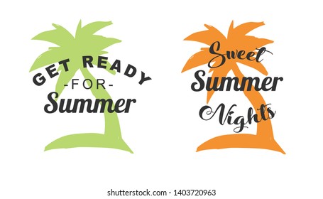 Vector Illustration of Summer Typography or Text with Palm Tree Icons. Set or Collection Flat Line and Silhouette of Sign, Symbol, or Objects for Graphic Design.