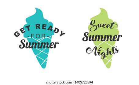 Vector Illustration of Summer Typography or Text with Ice Cream Dessert Icons. Set or Collection Flat Line and Silhouette of Sign, Symbol, or Objects for Graphic Design.