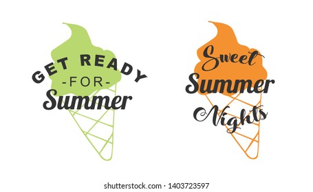 Vector Illustration of Summer Typography or Text with Ice Cream Dessert Icons. Set or Collection Flat Line and Silhouette of Sign, Symbol, or Objects for Graphic Design.