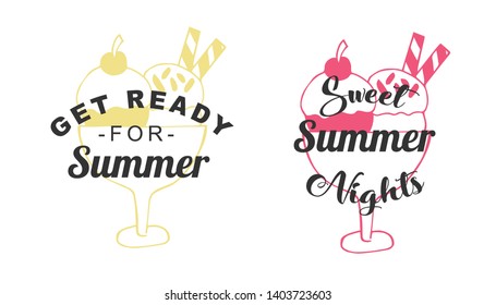 Vector Illustration of Summer Typography or Text with Ice Cream Dessert Icons. Set or Collection Flat Line and Silhouette of Sign, Symbol, or Objects for Graphic Design.
