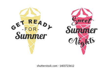 Vector Illustration of Summer Typography or Text with Ice Cream Dessert Icons. Set or Collection Flat Line and Silhouette of Sign, Symbol, or Objects for Graphic Design.