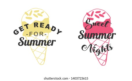 Vector Illustration of Summer Typography or Text with Ice Cream Dessert Icons. Set or Collection Flat Line and Silhouette of Sign, Symbol, or Objects for Graphic Design.
