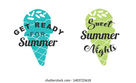 Vector Illustration of Summer Typography or Text with Ice Cream Dessert Icons. Set or Collection Flat Line and Silhouette of Sign, Symbol, or Objects for Graphic Design.