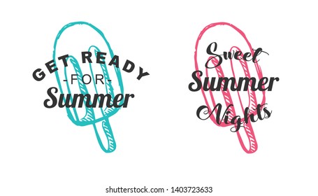 Vector Illustration of Summer Typography or Text with Ice Cream Dessert Icons. Set or Collection Flat Line and Silhouette of Sign, Symbol, or Objects for Graphic Design.