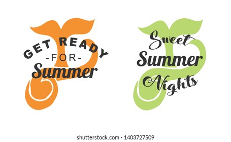 Vector Illustration of Summer Typography or Text with Whale Tail Icons. Set or Collection Flat Line and Silhouette of Sign, Symbol, or Objects for Graphic Design.