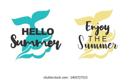 Vector Illustration of Summer Typography or Text with Whale Tail Icons. Set or Collection Flat Line and Silhouette of Sign, Symbol, or Objects for Graphic Design.