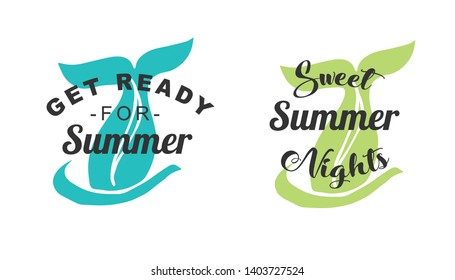 Vector Illustration of Summer Typography or Text with Whale Tail Icons. Set or Collection Flat Line and Silhouette of Sign, Symbol, or Objects for Graphic Design.
