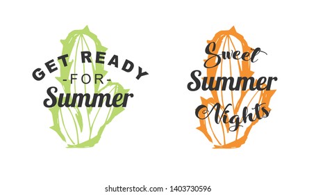 Vector Illustration of Summer Typography or Text with Cactus Plant Icons. Set or Collection Flat Line and Silhouette of Sign, Symbol, or Objects for Graphic Design.