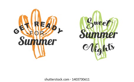 Vector Illustration of Summer Typography or Text with Cactus Plant Icons. Set or Collection Flat Line and Silhouette of Sign, Symbol, or Objects for Graphic Design.