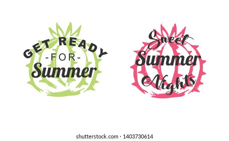 Vector Illustration of Summer Typography or Text with Cactus Plant Icons. Set or Collection Flat Line and Silhouette of Sign, Symbol, or Objects for Graphic Design.