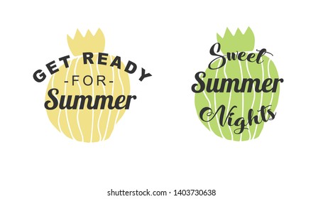 Vector Illustration of Summer Typography or Text with Cactus Plant Icons. Set or Collection Flat Line and Silhouette of Sign, Symbol, or Objects for Graphic Design.