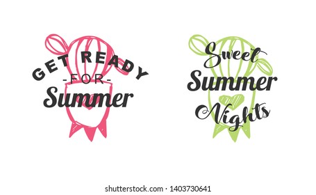Vector Illustration of Summer Typography or Text with Cactus Plant Icons. Set or Collection Flat Line and Silhouette of Sign, Symbol, or Objects for Graphic Design.