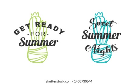 Vector Illustration of Summer Typography or Text with Cactus Plant Icons. Set or Collection Flat Line and Silhouette of Sign, Symbol, or Objects for Graphic Design.