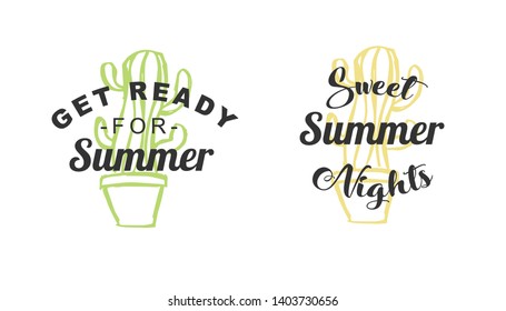 Vector Illustration of Summer Typography or Text with Cactus Plant Icons. Set or Collection Flat Line and Silhouette of Sign, Symbol, or Objects for Graphic Design.