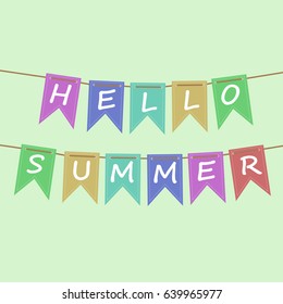 Vector illustration. Summer vacation. Bright, colorful flags on the rope with nadpsyu Hello Summer.
