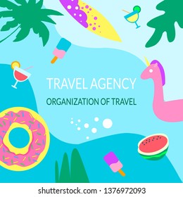 Vector Illustration Summer Vacation concept in Trend style   color  With image ice cream  cocktail  inflatable mattress    surfboard    watermelon  Summer sale banner  landing page flyer 