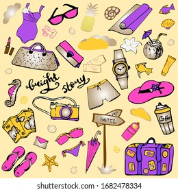 Vector illustration of summer vacation elements for banner, smm, cards. Big set of purple and yellow 
 elements: suitcase, bag, swim wear, camera, cocktail and others. Doodle style.