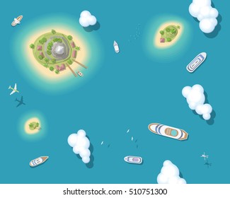 Vector illustration. Summer vacation. The islands and ships. (Top view)
Time to travel - sun, sea, island, sand, yacht, airplane, palm, clouds. (View from above)