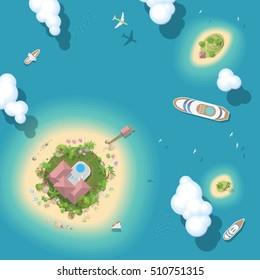 Vector illustration. Summer vacation. The islands and ships. (Top view)
Time to travel - sun, sea, island, sand, yacht, airplane, palm, clouds. (View from above)