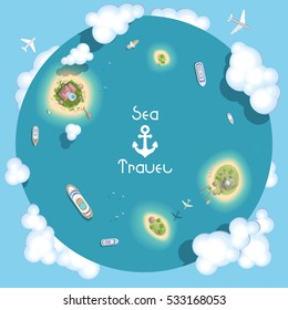 Vector illustration. Summer vacation. The islands and ships. (Top view) Time to travel - sun, sea, island, sand, yacht, airplane, palm, clouds. (View from above)