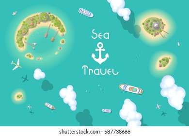 Vector illustration. Summer vacation. The islands and ships. (top view)
Time to travel - sun, sea, island, sand, yacht, airplane, palm, clouds. (view from above)
