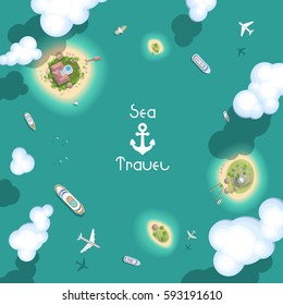 Vector illustration. Summer vacation. The islands and ships. (Top view) Time to travel - sun, sea, island, sand, yacht, airplane, palm, clouds. (View from above)