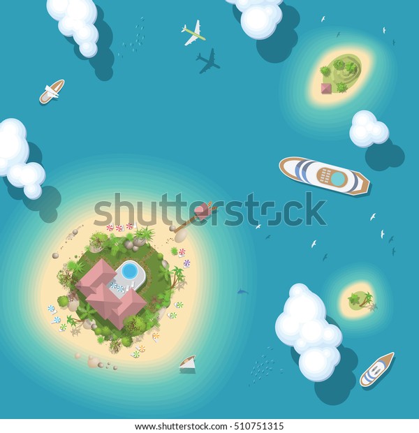 ベクターイラスト 夏休み 島と船 平面図 移動時間 太陽 海 島 砂 ヨット 飛行機 ヤシ 雲 上から表示 のベクター画像素材 ロイヤリティ フリー